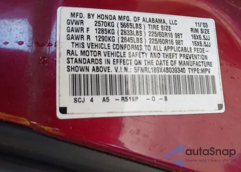 2004 Honda Odyssey Ex-L z USA, uszkodzony, nr VIN 5FNRL189X4B039340